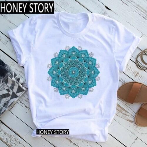 FIXSYS Mandala Flowers Stripes Thermo Funny Women T-shirt Girl Summer 90S Print Tops Tee,Drop Ship
