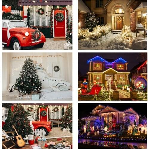 Christmas Photography Backdrop Red Car Christmas Tree Wood Door Winter Snow Photo Background Photozone Family Party Studio Booth