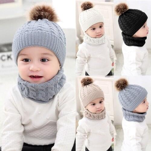 2Pcs Toddler Hat Baby Girls Boys Winter Warm Knitted Wool Hemming Hat Beanie Cap+Scarf Keep Warm Set 0-2 Year Kids Hat TELOTUNY