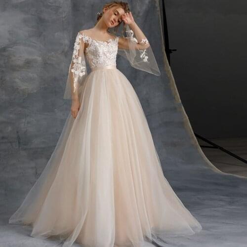 Illusion Scoop Long Sleeves Luxury Beach Wedding Dress 2021 Elegant Polka Dot Floral Applique Bridal Gown Plus Size