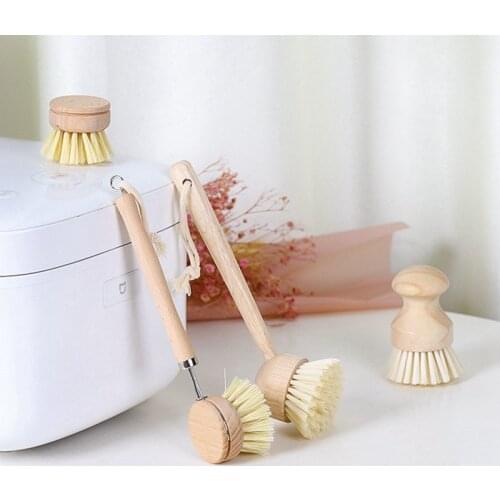 New Plant Based Cleaning Brush Long Handle Pot Brushes Bamboo Kitchen Scrub Brush Round Dish Brushes