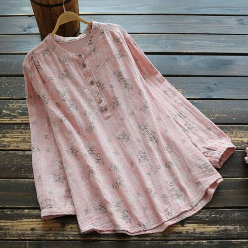 6444 New Autumn Women Blouse Korea Style Loose Floral Print Stand Collar Pullover Long Sleeve Cotton Shirt Women
