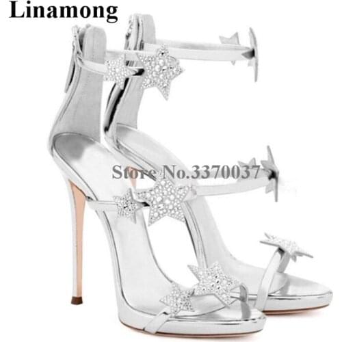 New Design Bling Bling Silver Black Rhinestone Five-pointed Stars Decorated Three Straps Gladiator Sandals High Heel Sandals