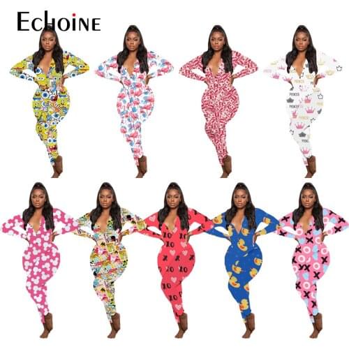 Echoine spring Autumn women Sexy Adults Onesies Long Sleeve V-neck Pattern Print Pajama Romper sleepwear Jumpsuit Nightwear