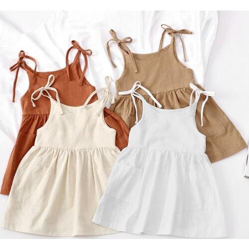 Dress For Girls Cotton Suspender Strap Halter Cotton and Linen Soft Summer Solid Color Sleeveless Dresses Poket European