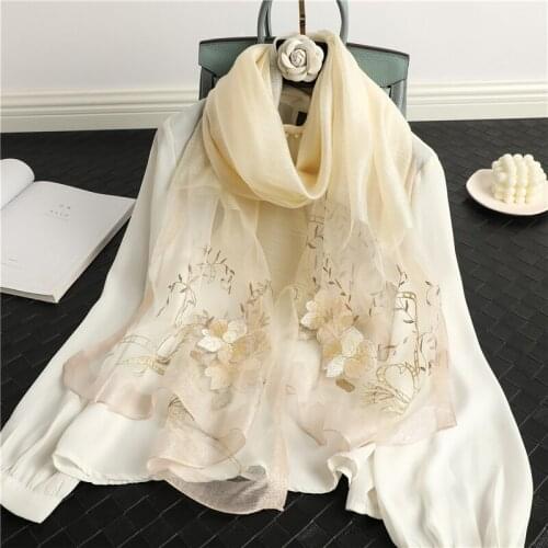 Silk Wool Scarf for Ladies Elegant Floral Embroidery Hijab Female Spring Summer Thin Foulard Bufanda Headscarf Pashmina