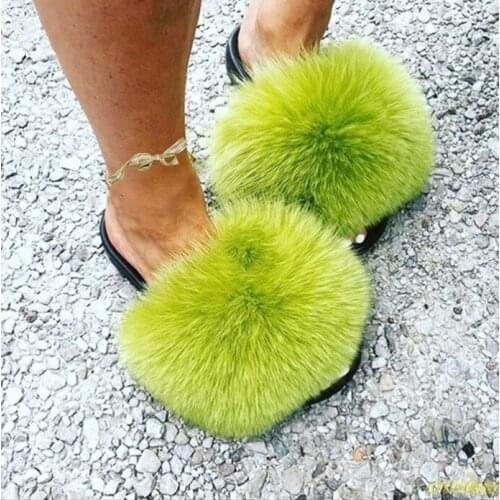 Summer Raccoon Fur Slippers For Women Fluffy Real Fox Hair Slides Plush Home Sandals Fashion Cute Rainbow Flip Flops Ladies Shoe