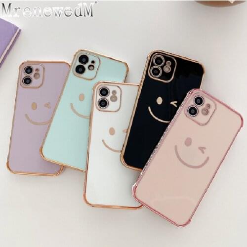 Cute Cartoon Smile Face Phone Case For iPhone 12 11 Pro X XR XS Max 7 8 Plus SE2 Luxury Plating Silicone Camera Protection Cover