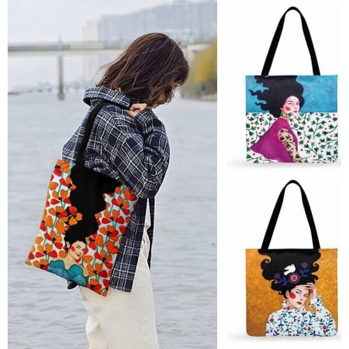 Foldable Shopping Bag Modern Floral Girls Painting Print Tote Bag For Women Casual Tote Ladies Shoulder Bag Outdoor Beach Bags