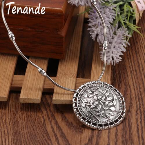 Tenande Vintage Big Statement Hollow Carved Leaves Flower Necklaces & Pendants for Women Bohemian Tibet Silver Color Jewelry