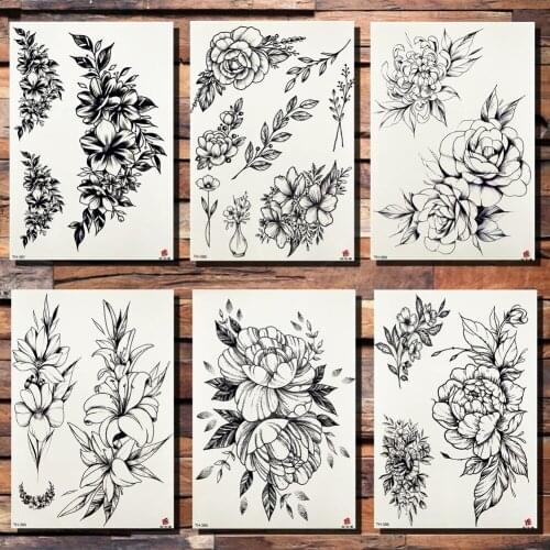 FANRUI Sketch Flower Blossom Peony Rose Temporary Tattoo Sticker Black Leaves Tattoos Body Art Arm Hand Girl Women Fake Tatoo