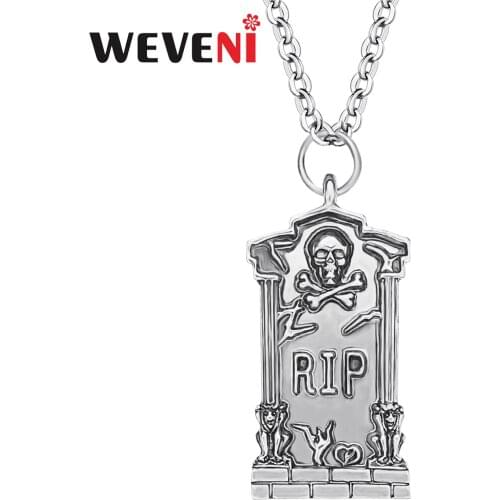 WEVENI Halloween Alloy Plated Antique Gold Tombstone Necklace Long Skull Pendant Jewelry For Women Girls Classic Gift Decoration