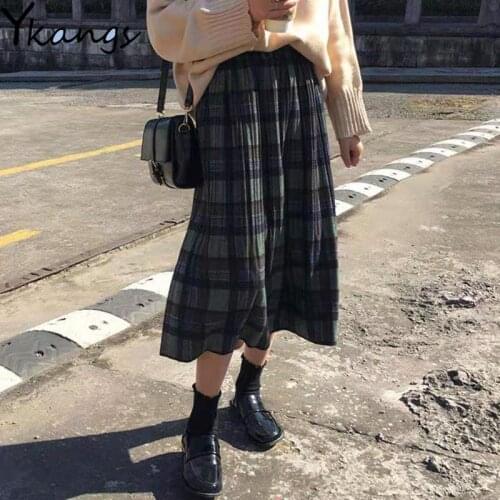 Ladies Office Harajuku Midi Skirts Streetwear Woolen Winter Plus Size 3Xl Pleated Plaid Skirts Women Warm Vintage Long Skirts