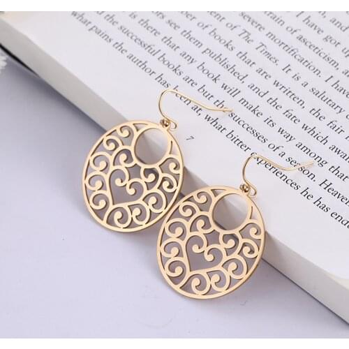 COOLTIME 316 Stainless Steel Filigree Women Charm Fook Earring Hollow Flower Round Shape Earrings