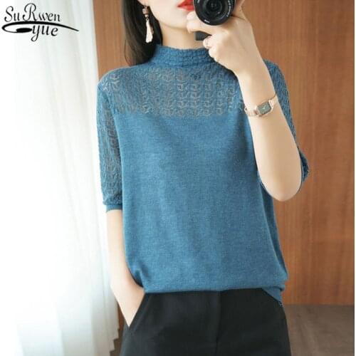 Summer Women knitted Short sleeve Thin Sweater Female Hollow out Lace Turtleneck Pullover Ladies knit Cotton Purple Jumper 13774