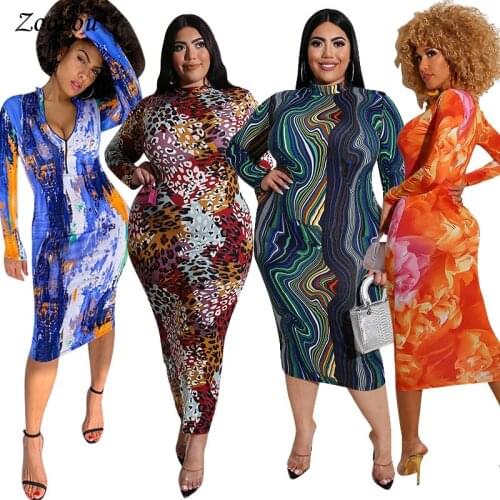 4XL 5XL Plus Size Elastic Slim Print Mid Calf Dress Women Autumn Long Sleeve Bodycon Dresses 2020 Casual Fashion Straight Dress