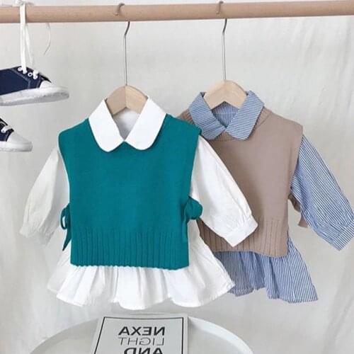 2021 Fashion Autumn Girls Clothes Knit Gilet+Long Sleeve Shirt 2pcs Children Clothing Set