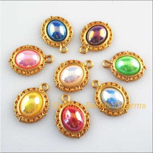 24 New Charms Oval Flower Mixed Acrylic Flatback Pendants Gold Color 13.5x18mm