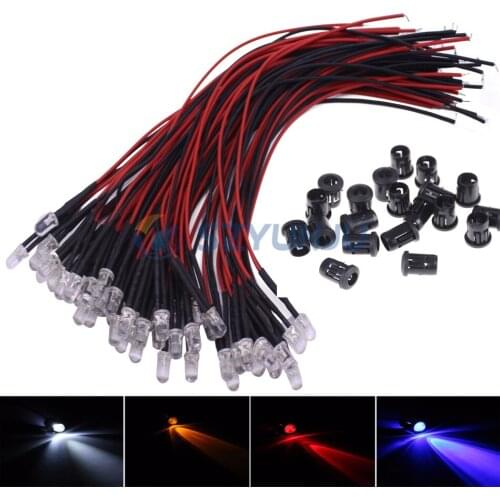 DC3-12V 3mm 5mm Red/Green/Blue/white/Yellow/RGB Pink UV Round Pre-Wired Water Clear LED With Plastic Holder