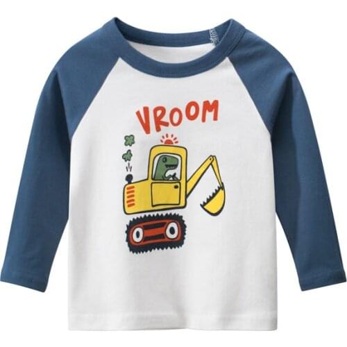 Children’s Cartoon Excavator Long-sleeved T-shirt Boy’s Autumn Korean Round Neck Pullover Top Cartoon Print Tee Shirts
