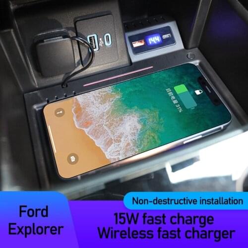 For Ford Explorer Car Accessories Wireless Charger 2020 2021 15W Cigarette Lighter Install Mobile Phone Fast Charging Board