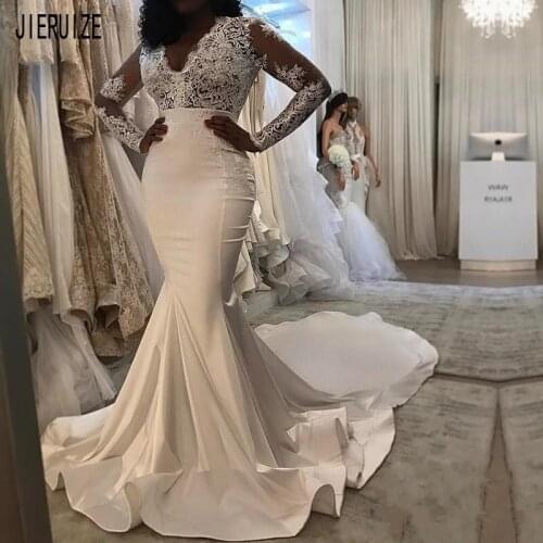 JIERUIZE Gorgeous Mermaid Lace Wedding Dresses Sheer Long Sleeves V Neck Appliques Zipper Back Bridal Gowns vestido de noiva