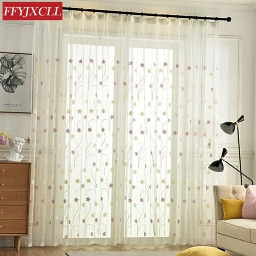 Chinese Embroidered Curtain Linen Blue Embroidered Pink Flower Tulle Kitchen Girl Room Decoration Curtain