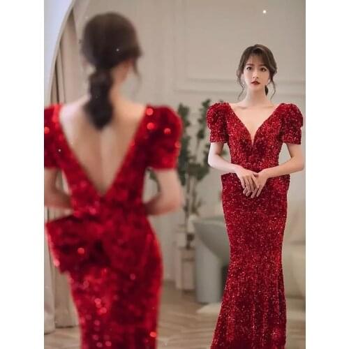 Red Mermaid Puffy Sleeves Evening Dresses Gowns 2021 Elegant Luxury Sexy For Woman Party LD04337
