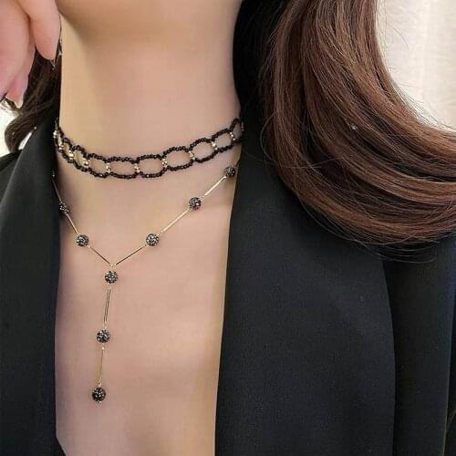 Fashion Black Necklace Women Korean Simple Crystal Beaded Choker Long Necklaces Temperament Jewelry