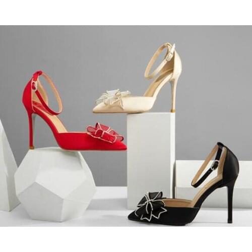 Moraima Snc Sexy High Heel Shoe Pointed Toe Butterfly-knot Ankle Strap Dress Heels Crystal Embellished Thin heels Pumps