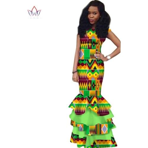 BRW African Print Summer Dress for Women Bazin Elegant Sweet Traditional Pleated Dress Fashion Sexy Africa Clothing WY1320