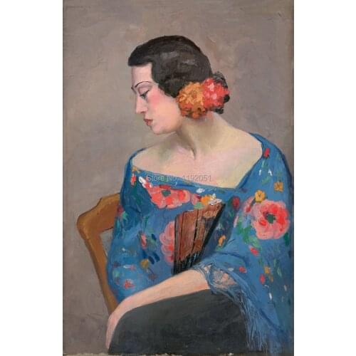 Portrait paintings Chinese paintings contemporary artist masterpiece posters traditional canvas prints flowered women with fan