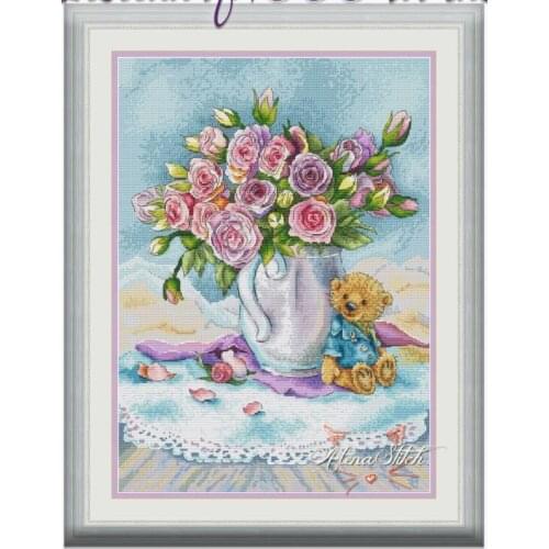 Rose vase and bear doll 40-52 Cross Stitch Set Cross-stitch Kit Embroidery Needlework Craft Packages Cotton Fabric Floss