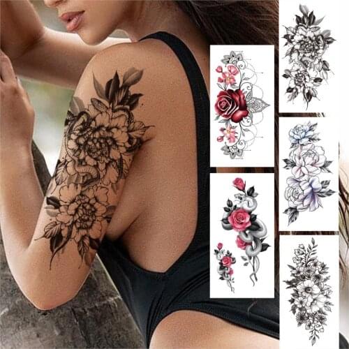 Sexy Flower Rose Temporary Tattoo For Women Girls Peony Fake Jewelry Chains Tattoo Sticker Black Peony Blossom Tatoos Supplies