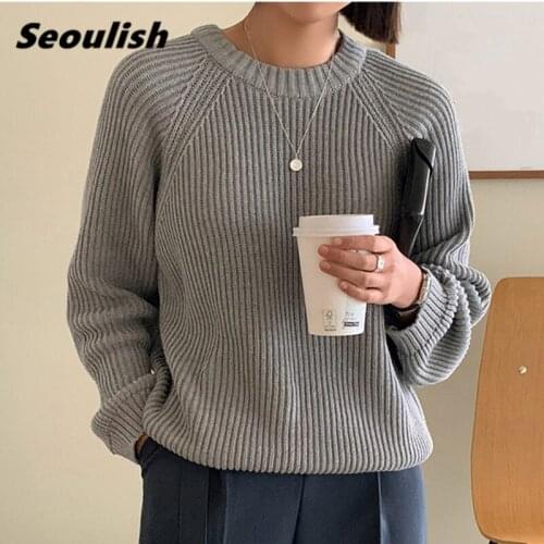 Seoulish Autumn Winter Solid Loose Warm Womens Knitted Pullover Sweater 2021 New Long Sleeve Casual O-Neck Sweaters Female Tops