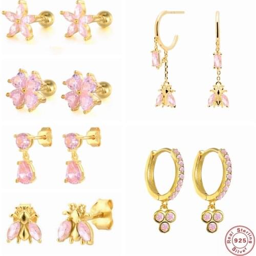 Cute Girly Pink Zircon Piercing Earring For Women Wedding 925 Sterling Silver Colored Ctystal Bee Star Stud Earring Fine Jewerly