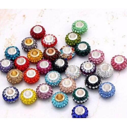 Mixed white hot 14MM 50Pcs/lot Multi Resin Rhinestone Silver Plated Core Big Hole Crystal European Beads Fit gv13 Bracelets