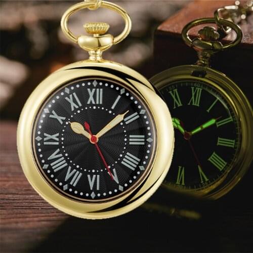 Luminous Gold Quartz Pocket Smooth Transparent Cover Watch Roman Numbers Dial Noctilucent Watches Necklace Fob Chain Men Giftbox