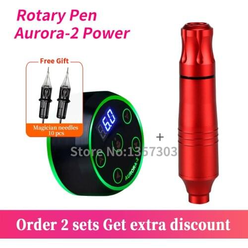 Professional Rotary Pen Tattoo Kit Machine With Aurora-2 Power Supply Free Gift 10pcs Needles Set