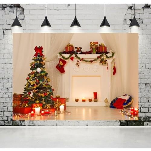 VinylBDS No Wrinkles Photography Christmas Backdrops Indoor White Wall Photo Green Christmas Tree Red Gift Box Candle For Baby