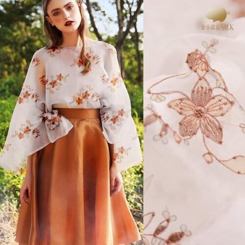 Beaded embroidery silk organza fabric advanced custom wedding dress silk organza fabric transparent embroidered silk fabric