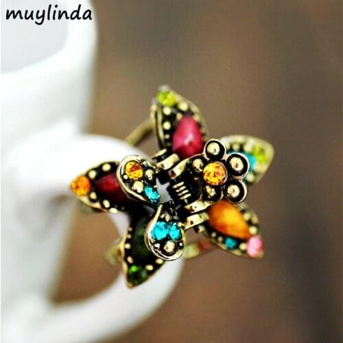 Flower Hair Jewelry Retro Rhinestone Small Hair Claw Crab Antique Metal Hair Clip For women Hair Accessories
