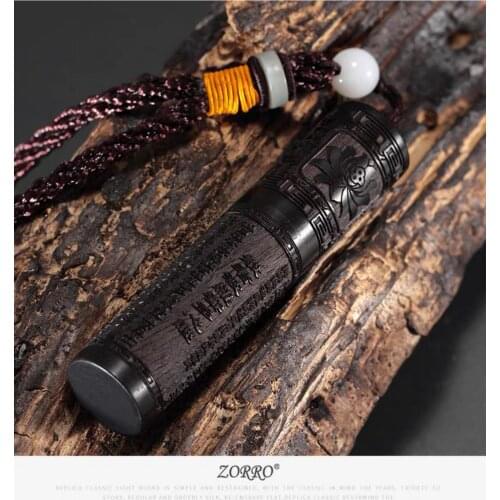 ZORRO Retro Windproof Kerosene Lighter Mens Creative Gift Sandalwood Material Body Engraved with Heart Sutra Flint for Lighter
