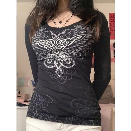 2021 Streetwear Printed Autumn Long Sleeve T shirt Dark Academia Top Tee Womens T-shirts Gothic Clothes Pullovers Grunge