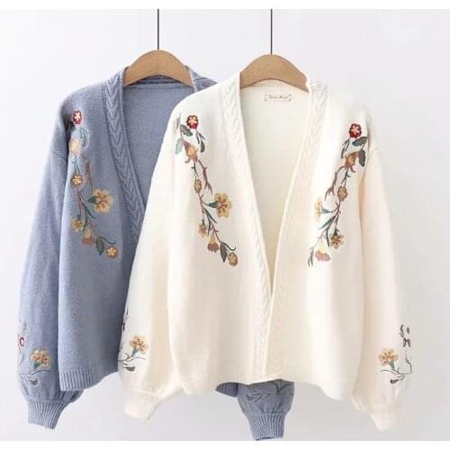 Women Knitted Fashion Cardigan Spring Autumn V-Neck Lantern Sleeve Embroidery Floral Thick Loose Harajuku Female Sweater