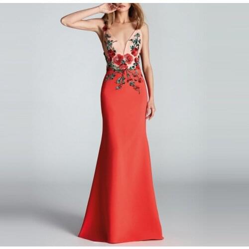 Women Dress Elegant Evening Sheath Colorful Flowers Appliques Deep V-Neck Spaghetti Straps Women Prom Party Long Gowns