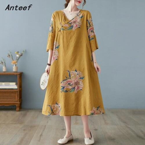 Short sleeve cotton vintage floral dresses for women casual loose long woman summer dress elegant clothes 2021