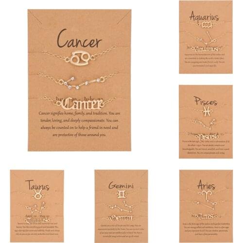 3 Pcs 12 Constellation Bracelet Set Charm Gold Chain Bracelets for Women Men Zodiac Sign Libra Aries Wish Card Birthday Jewelry