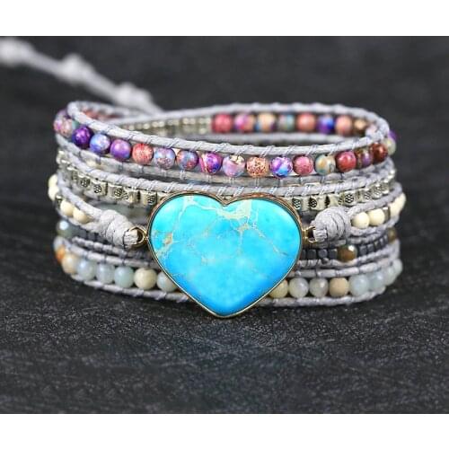 2021 Natural stone heart shape Charm Wrap Bracelets boho style Weaving Statement Art Bracelet gift jewelry drop shipping