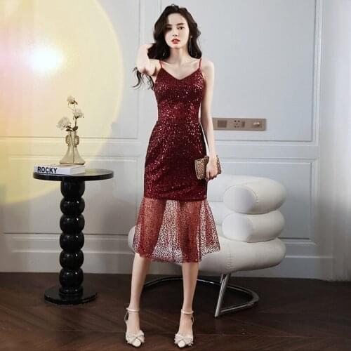 Spaghetti Strap V-Neck Prom Dress Sleeveless Elegant Knee-Length Mermaid Burgundy Simple Plus size Women Formal Party Gown C843